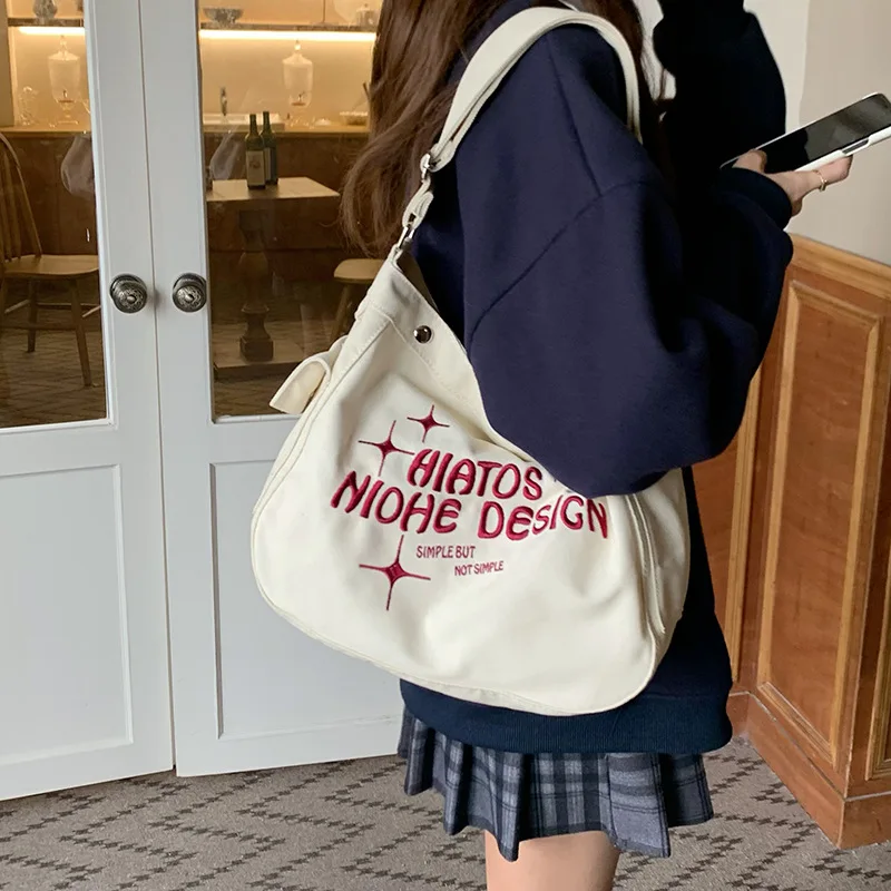 New Fashion Tote Bags Canvas Bag Female College Students Niche Letter Embroidery Leisure Versatile Crossbody Bags Shoulder Bags