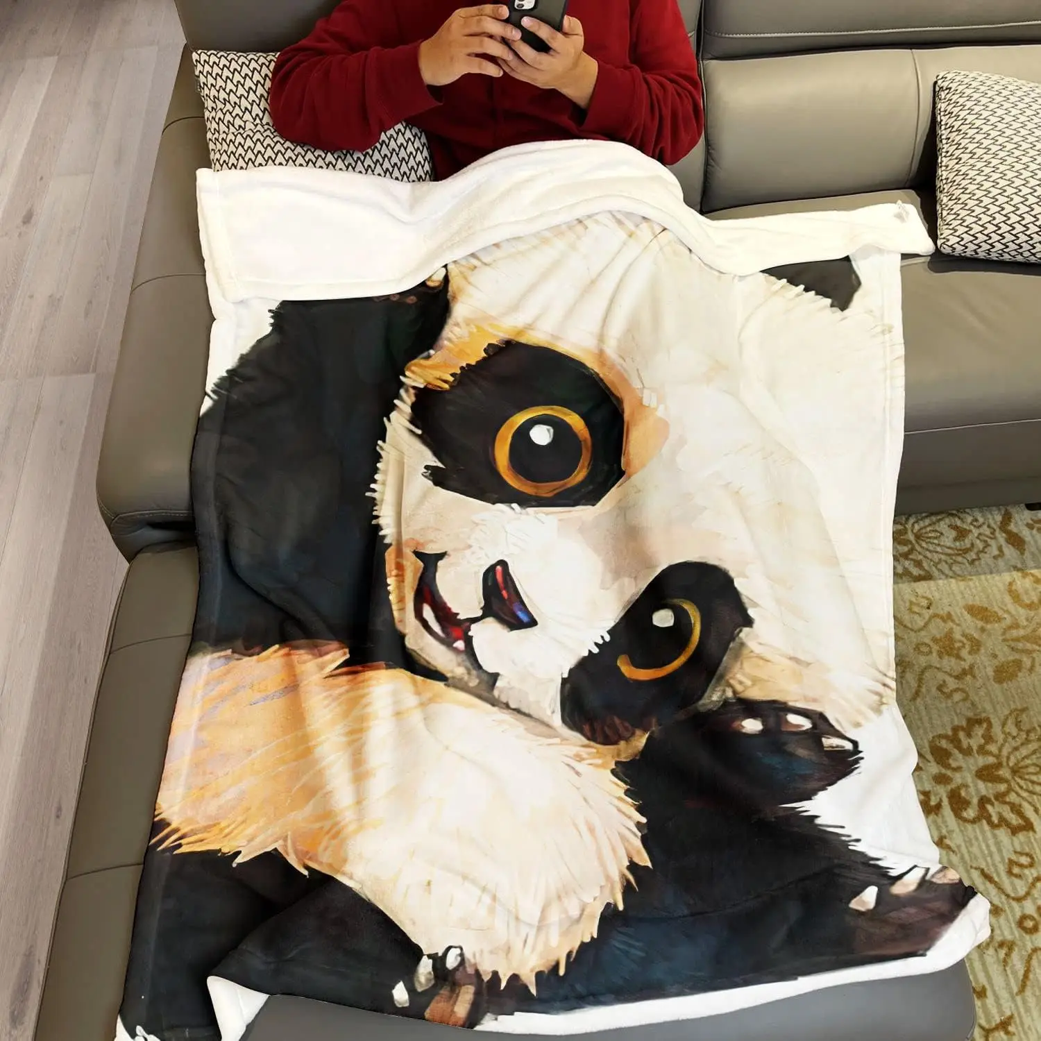 Smiles Cute Panda Blanket, Crooked Head with Hands Raised in a Naive Way, Warm and Soft for Children and Adults, 60