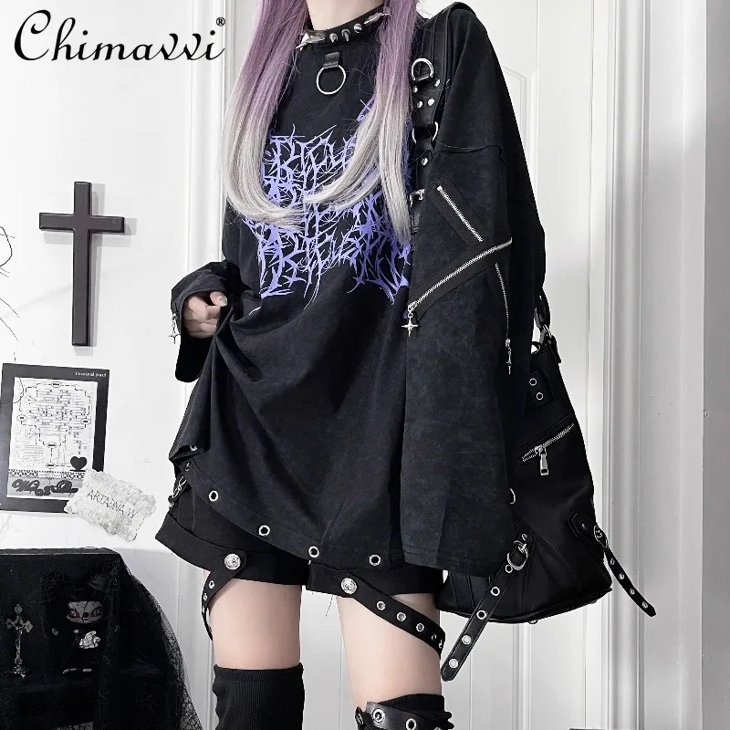 الأصلي طباعة ثقافة فرعية داكنة فضفاضة طويلة الأكمام القطن الخالص تي شيرت اليابانية الشرير القوطية طويلة الأكمام جولة الرقبة فتاة باردة