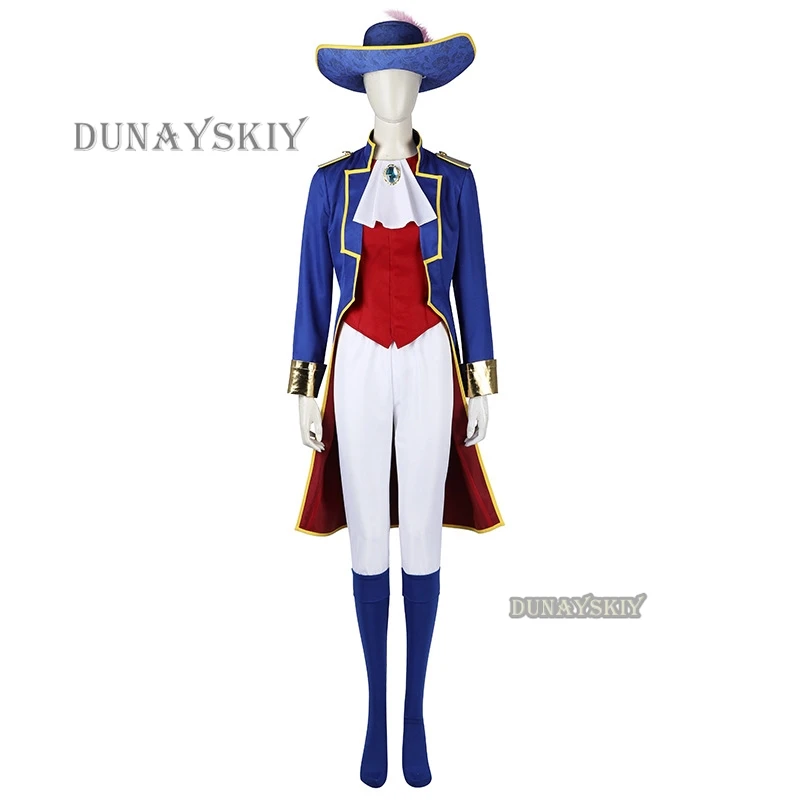 Fato de cosplay feminino de princesa pêssego, uniforme azul, casaco top, calça e chapéu, terno de carnaval e Halloween, espadachim e princesa