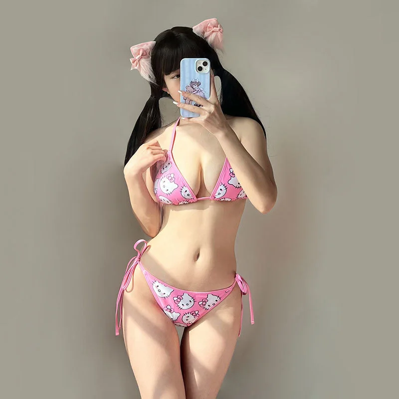 

2Pcs Hello Kitty Bikinis Set Kawaii Girl Sanrio Swimwear Sexy Bikini 2024 Women Summer Y2k Strappy Pantie Swimsuit Beachwear