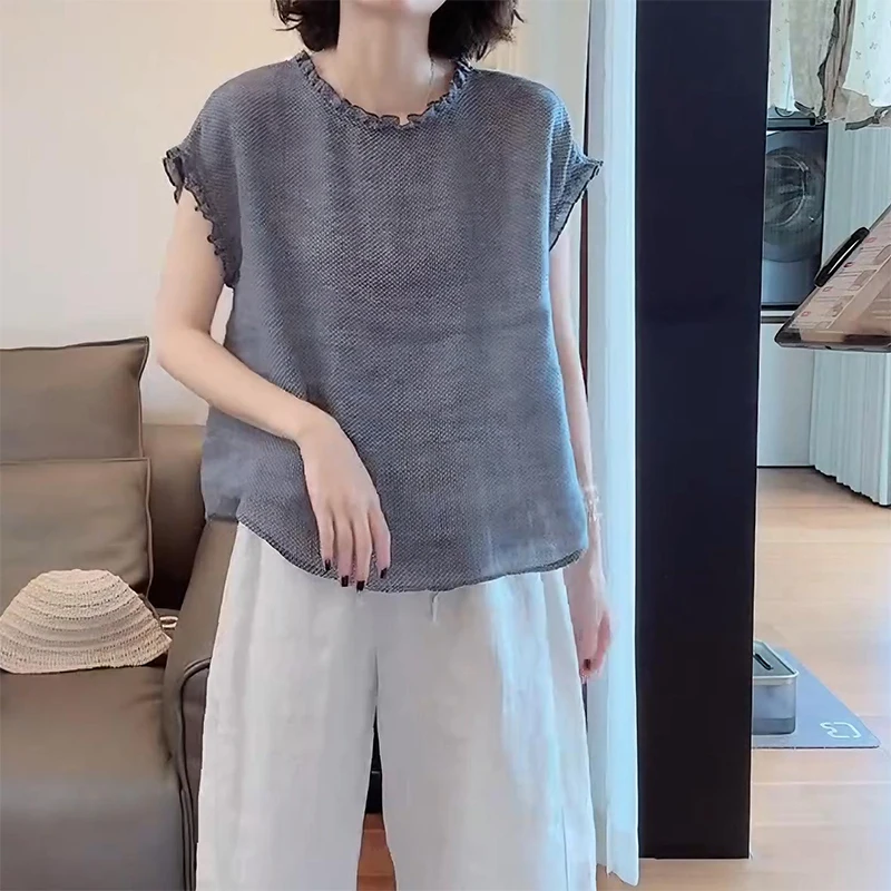 

Double-Sided Wear Short-Sleeve T-Shirt Women's plus Size Conceal Meat Wood Grain round Neck Button-Up Top Spring Summer