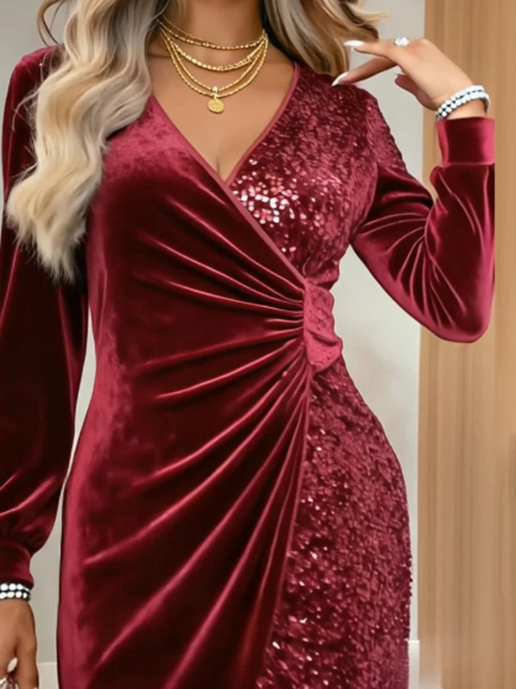 فستان نسائي قصير عالي الخصر سادة كاجوال بأكمام طويلة نحيف لامع فستان قصير مثير برقبة على شكل حرف v ثنيات تصميم فستان حفلات النادي #5