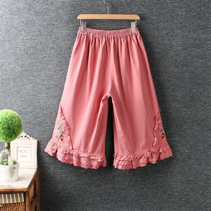 Summer Japanese Style Mori Gir Sweet Floral Embroidery Loose Wide Leg Pants Women Elastic Waist Vintage Cotton Linen Trousers