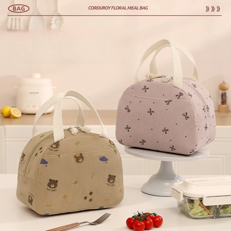 Thickened corduroy hand-held insulated bag for office workers, semi-round bento bag, insulated lunch bag