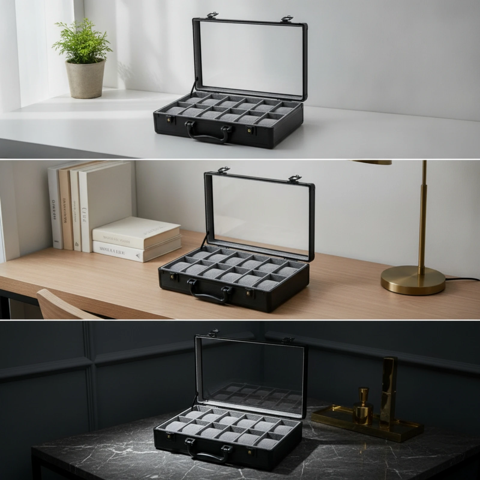 Watch Suitcase Portable Watch Case with Clear Lid 12-Slot Transparent for Collectors, Travel