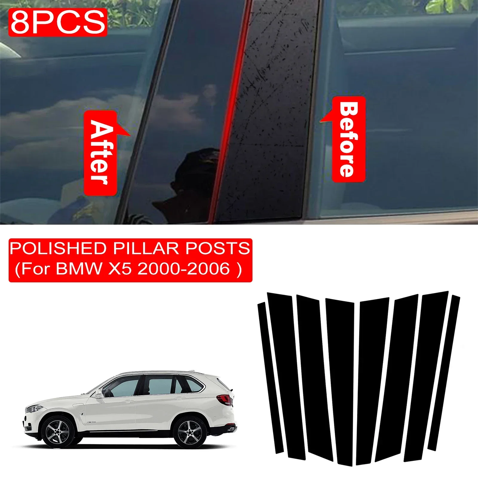 

8Pcs Black Car Door Window Column BC Pillar Post Trim Mirror Effect PC Window Trim Cover Sticker For X5 E53 2000-2006