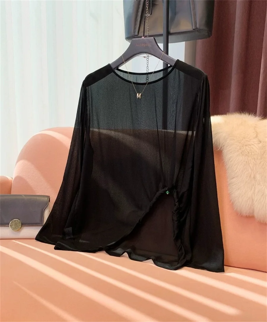 Camisa de chifón transparente de manga larga para mujer, blusas transparentes, ropa de mujer, camiseta de chifón de talla grande