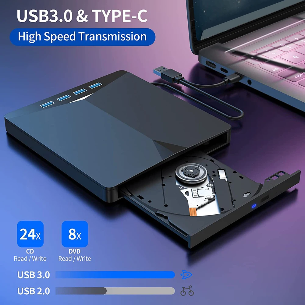 7 في 1 USB3.0 Type-C محرك الأقراص الضوئية الخارجية CD DVD RW عالي السرعة صينية نوع DVD الموقد مسجل قارئ لاعب لنظام التشغيل Windows 11/10