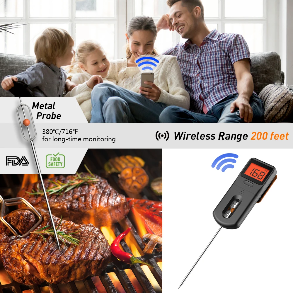 Smart Remote Digital Bluetooth BBQ Grill Cooking Food Wireless Meat Thermometer For Barbecue Oven Kitchen With Long Probe