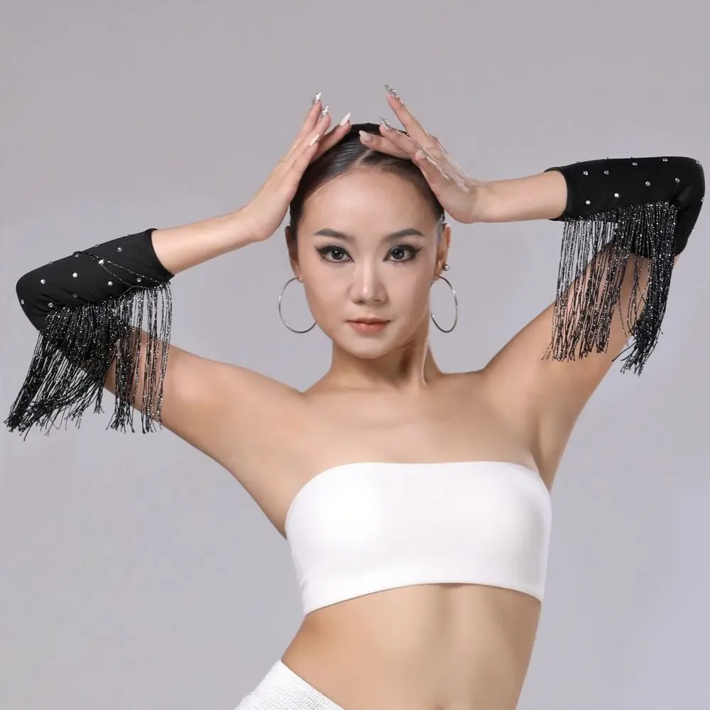 Performance Stage Latin Dance Fringed Sleeves Flash Solid Color Women's Arm Sleeves Drilling Rhinestone Latin Dance Costumes