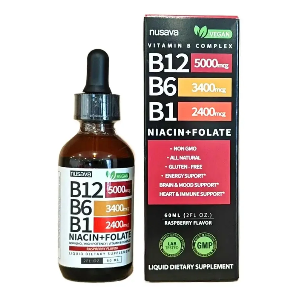 2 Bottle 60ml Vitamin B12 B6 B1 Liquid Drops 5000mcg, Sublingual B Complex Supplement for Metabolism Boost & Immune Support