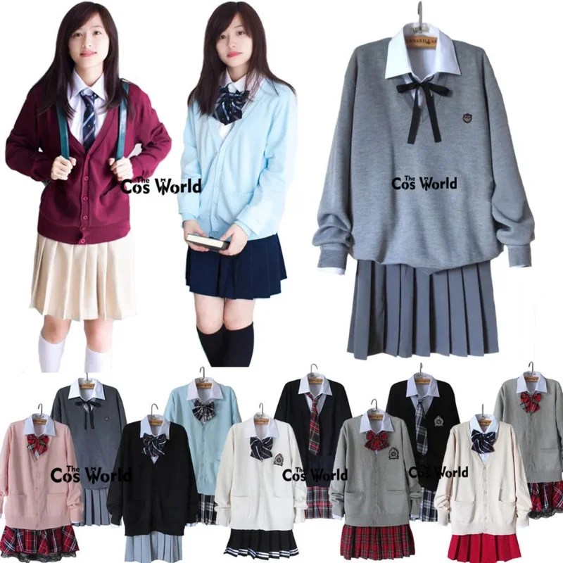 Autumn Winter Janpan Student JK School Class Uniform Cardigan Sweater Tops Shirt Skirt/Pants Couple Set Lovers Suits