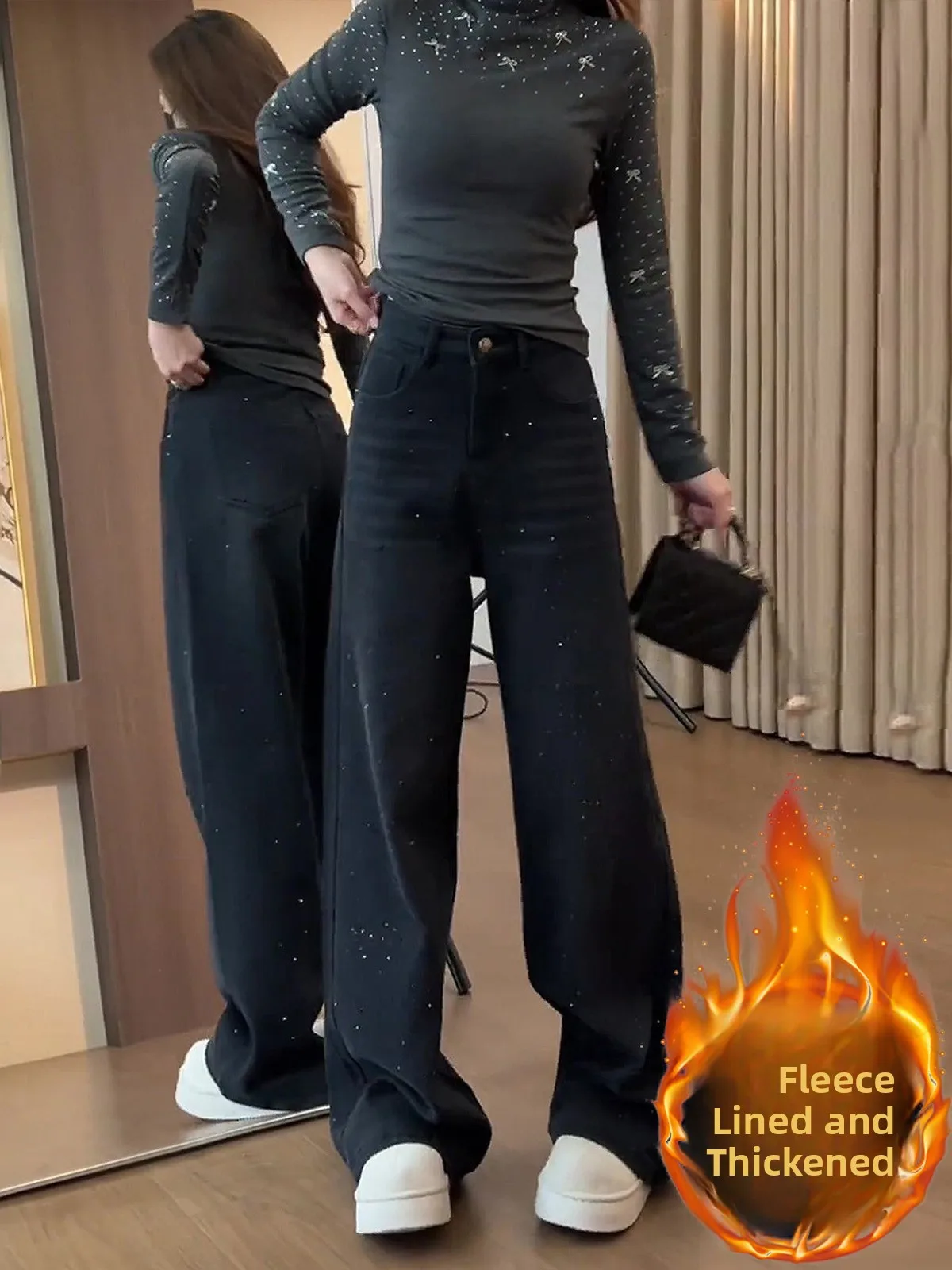 

Glittering Rhinestone Wide Leg Fce Lined Women's Jeans High Waist Slimming Loose Drapey Straight Leg Spring New Sle