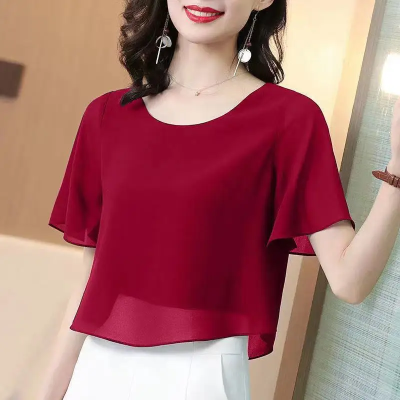 

Thin Short-sleeved Chiffon Shirt Women's New Solid Color Fake Two-piece Tops Round Collar Pulloverr Blouse Blusas Femme