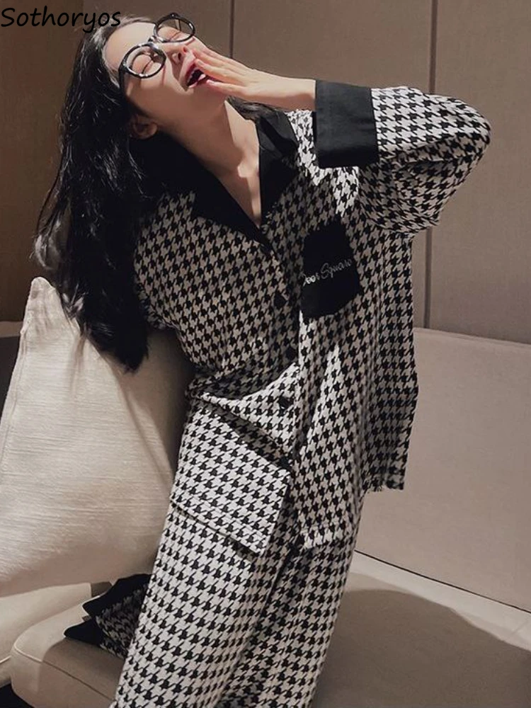 Pajama Sets Women Houndstooth Special Nightwear Simple Soft Basics Korean Style All-match Home Daily Creativity Tender Stylish