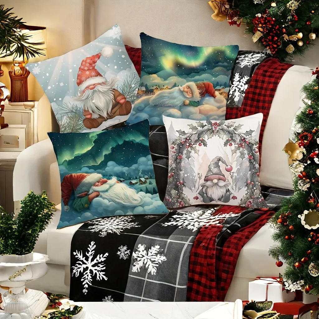 Santa Claus Polyester Pillowcase Home Decorative Throw Pillowcase Living Room Bedroom Decorative Cushion Cover with Zipper