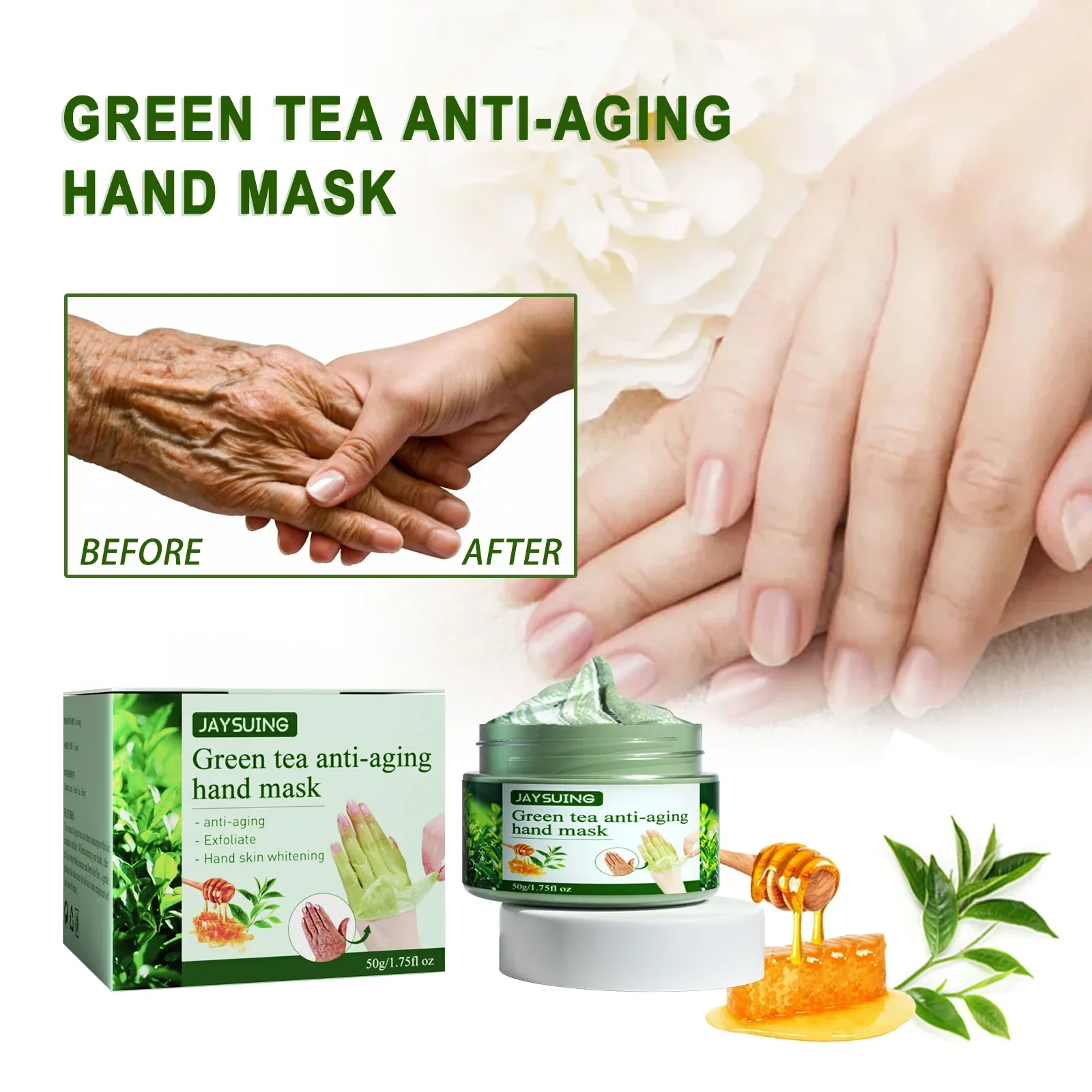 Jaysuing 50g Green Tea Hand Mask Repair Hand Exfoliation Smooth Skincare Anti Wrinkle Moisturizing Nourishing Tear off Hand Mask