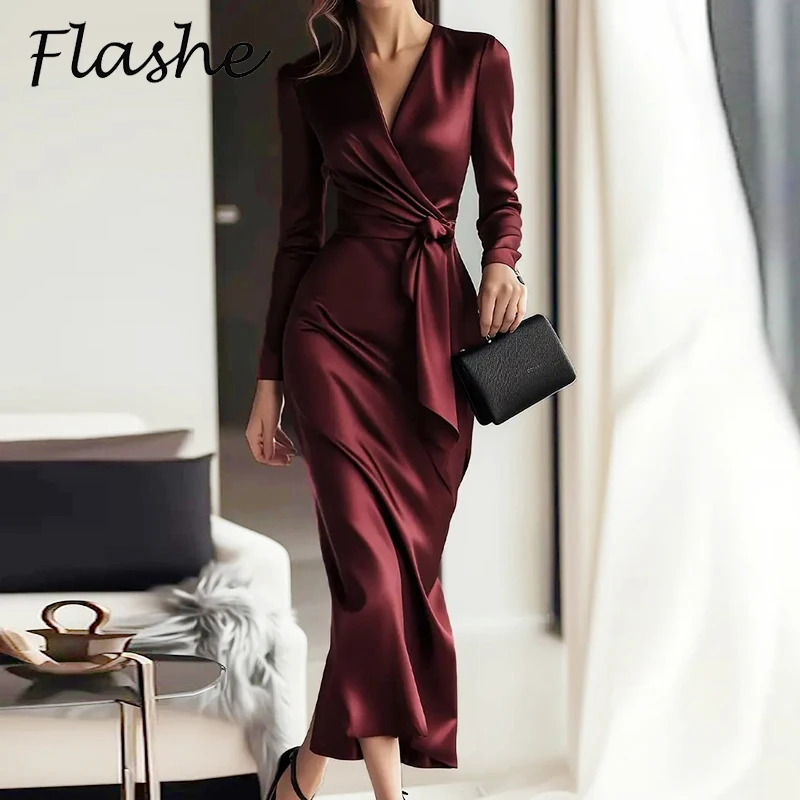 Herbst Langarm Hohe Taille Büro Kleid Frauen Elegante Satin Kleider Frauen Mode Temperament V-ausschnitt Spitze Up Langes Kleid Rot