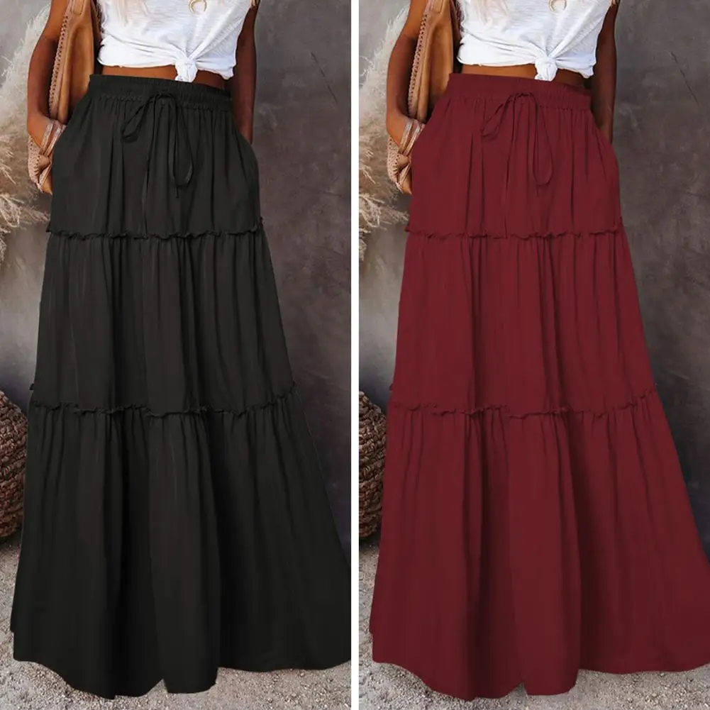 Saia maxi elegante de cintura alta para mulheres, costura plissada, festas de férias, moda streetwear, monocromática