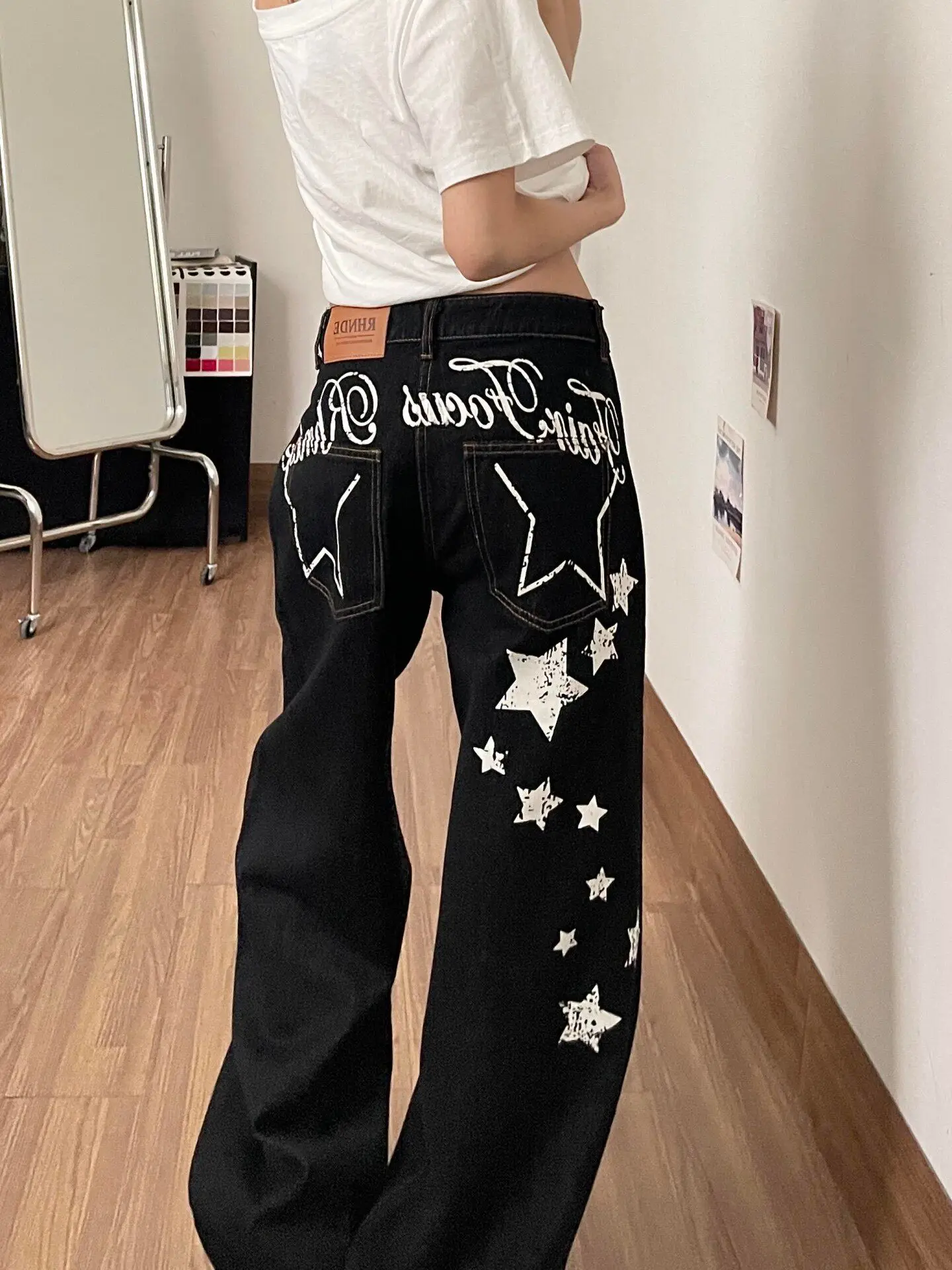 Stars Printed Loose Straight Leg Jeans Men's High Street Vibe Wide Leg Pants American West Coast Style Casual Loose Fit