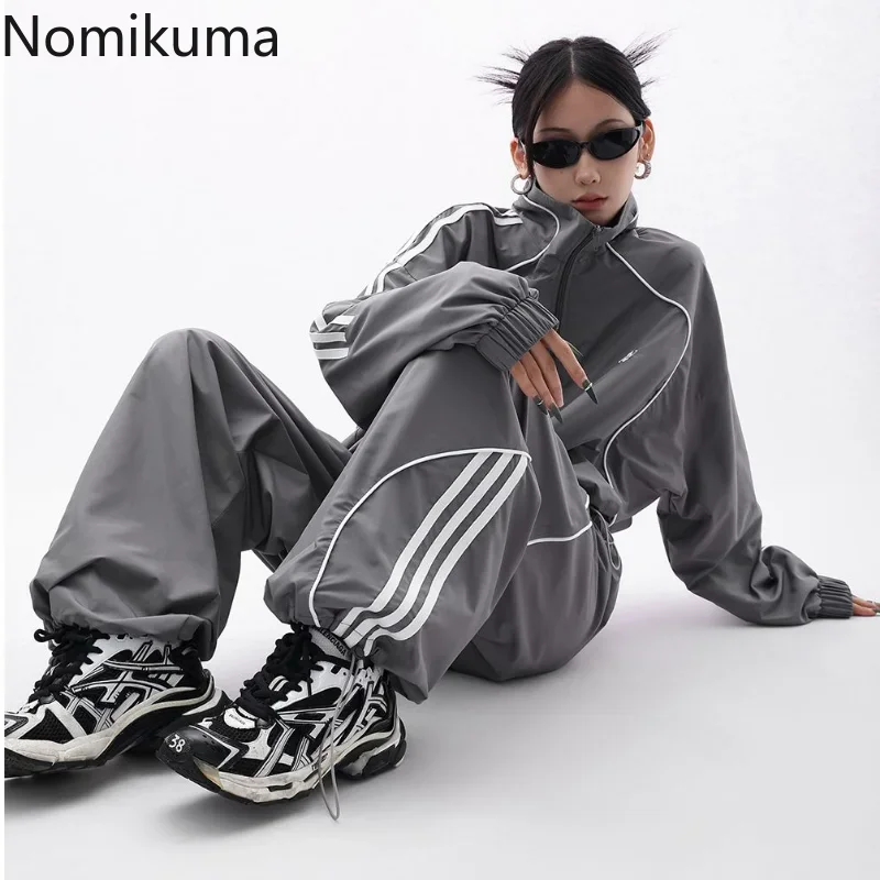 Imagem -03 - Nomikuma Suporte Pescoço Manga Longa Cintura Alta Drawstring Jacket Mais Perna Larga Contraste Calças Harajuku Feminino Rua Dois Conjuntos de Peças