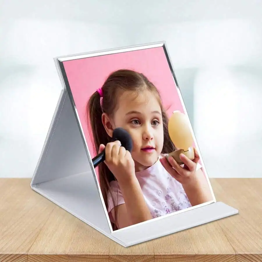 

Portable Folding Makeup Mirror 10x7 Inches Frameless PU Leather Desk Mirror With Stand For Travel Camping