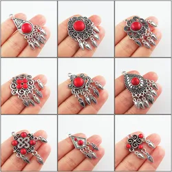 Fashion New Red Turquoise Stone Charms Flower Teardrop Crown Shield Tibetan Silver Plated Tassels Pendants Retro