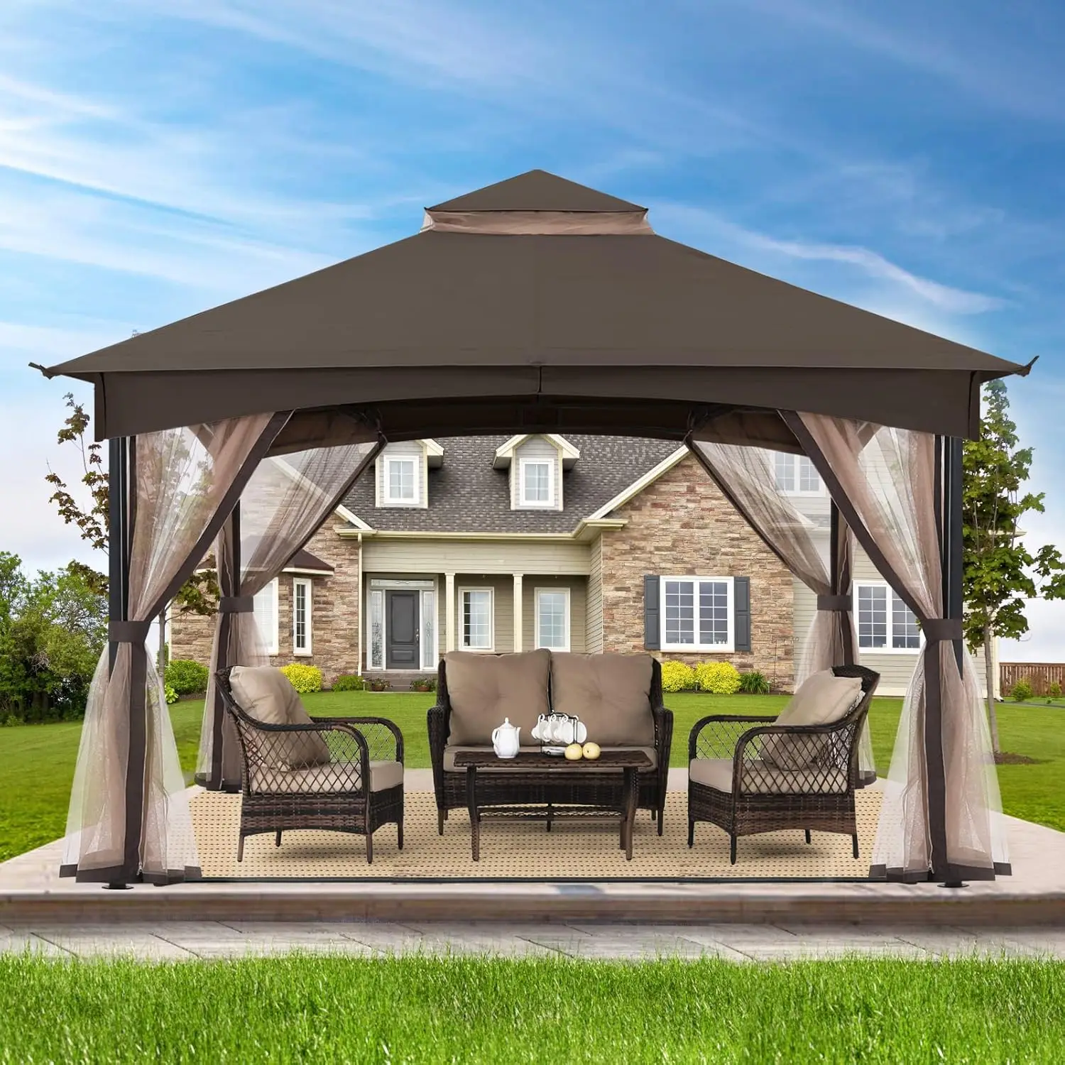 

Tool Free Patio Gazebo Screw Free Easy Installation Outdoor Gazebo with Netting Walls (11x11,Dark Brown)