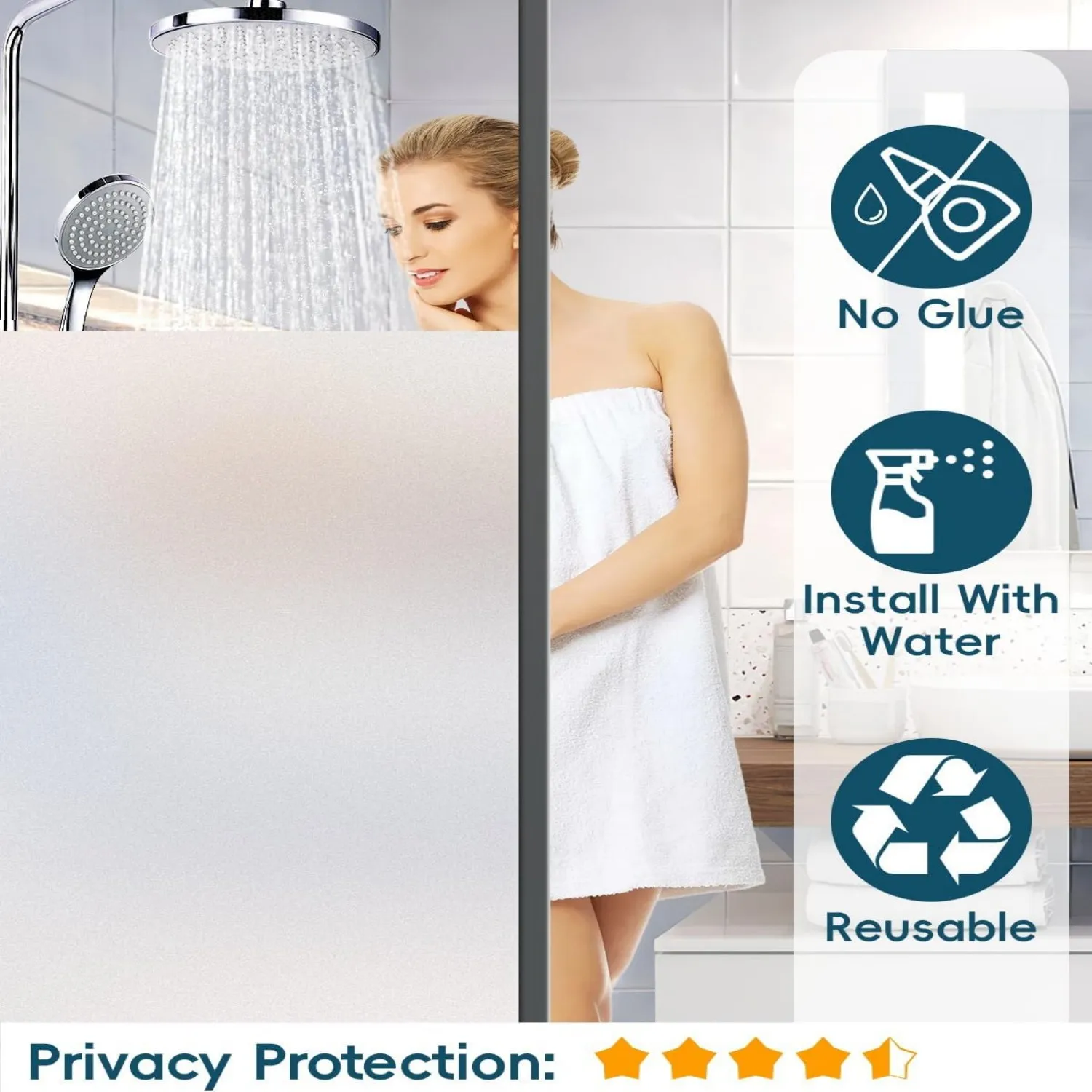 Frosted Decorative Privacy Window Film, Static Cling Removable Reusable Glass Cover, UV Heat Block Anti-Glare Film for Home