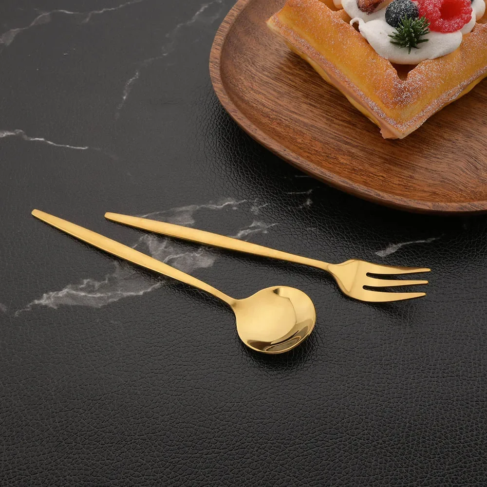 12Pcs Stainless Steel Mirror Gold Fork Spoon Set Cake Fork Snack Salad Coffee Fruit Fork Spoon Cutlery Kitchen Dinnerware Set