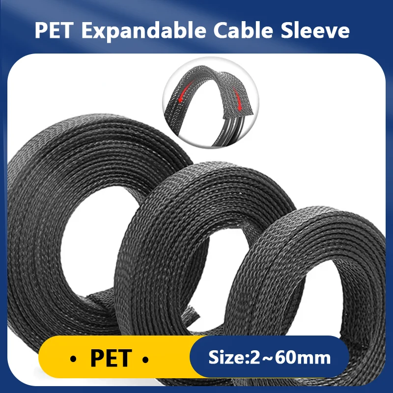 

Black 2/4/6/8/10/12/14/16/20/25/30/35/40/50/60mm 1~50m PET Braid Sleeve High Density Insulated Snake Skin Cable Wrap Sheath