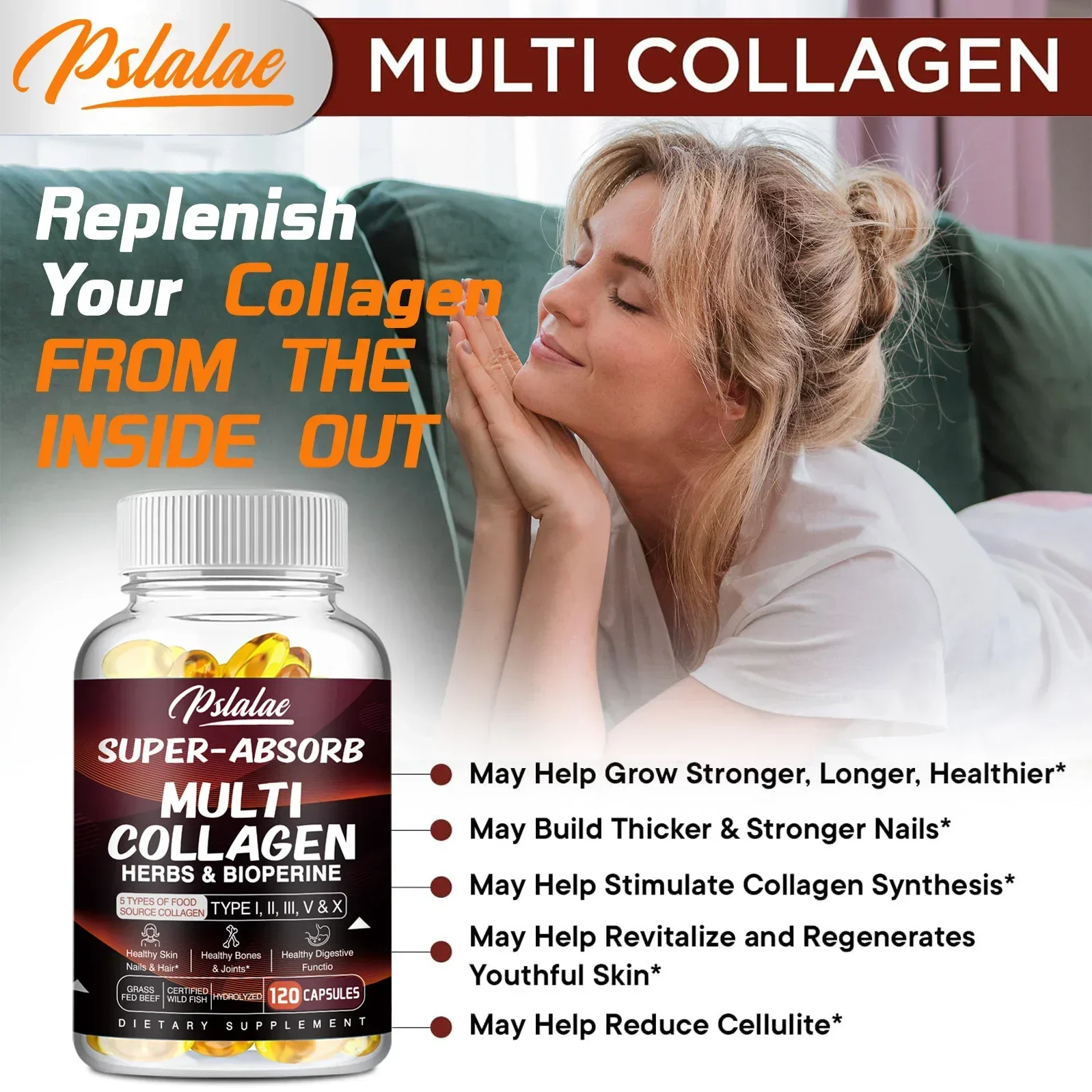 Multi Collagen Pills (Type I II III V X) Organic Herbs and Piperine - Collagen Capsules with Herbs and Piperine