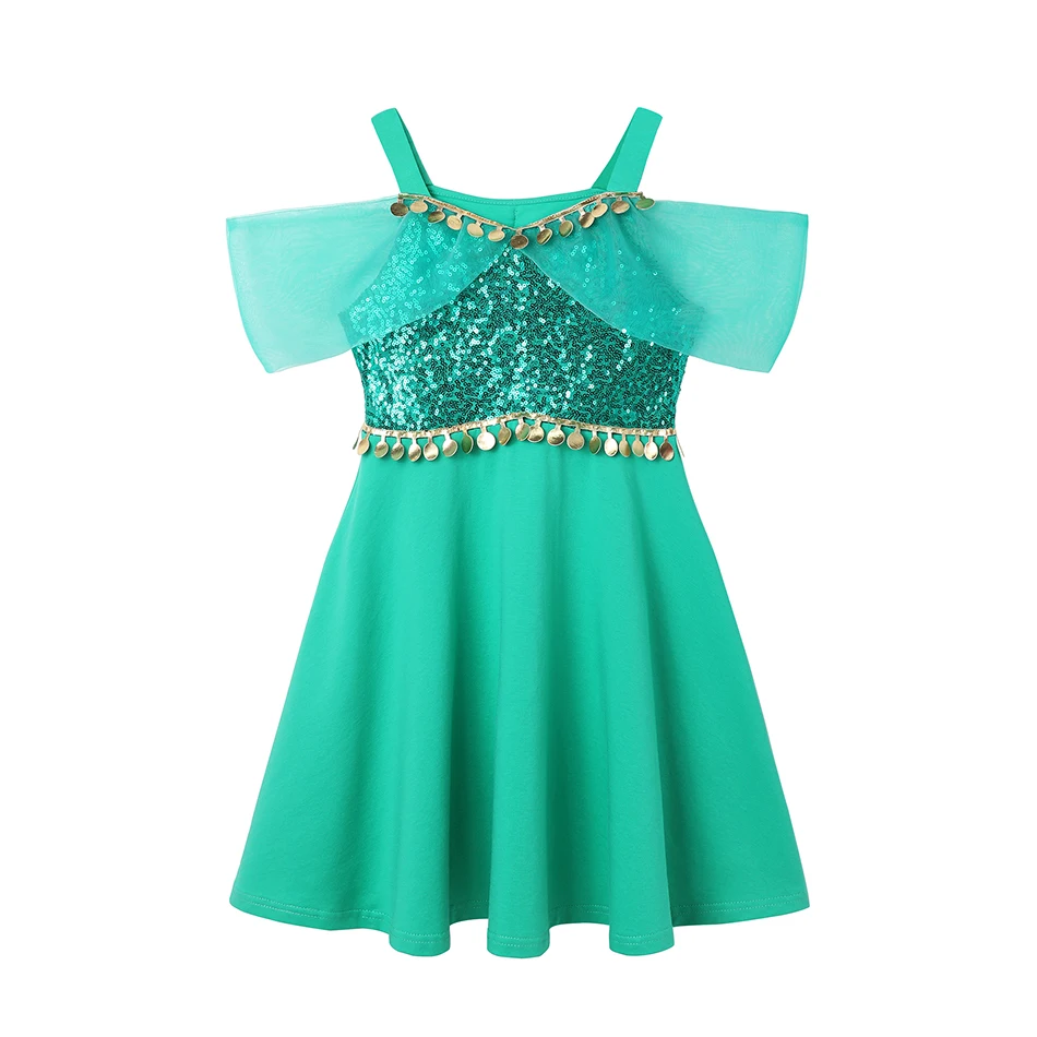 Summer Jasmine Girl Elegant Sequin Princess Dress Strap Off Shoulder Mesh Tassel Dress Cosplay Costume Carnival Party Dress