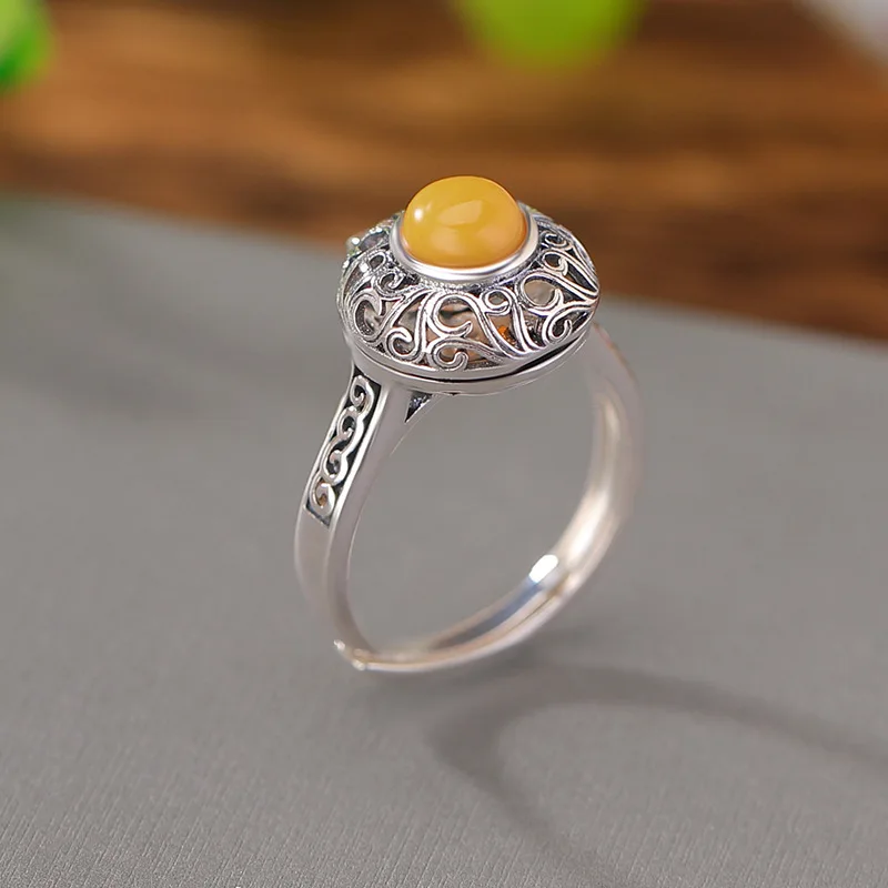 S925 Sterling Silver Amber Grass Pattern Hollow Sachet National Style Elegant Round Bead Ring