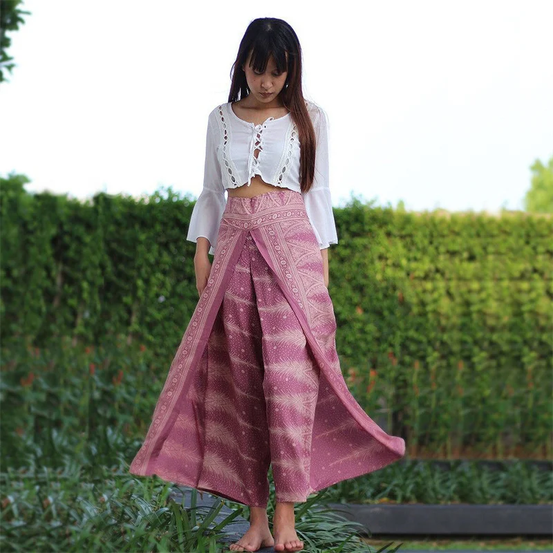 Women Casual Slit Wide Leg Pants Boho Yoga Pants Hippie Bohemian Pilate Summer Beach Trousers Elastic Closure High Waist Baggy