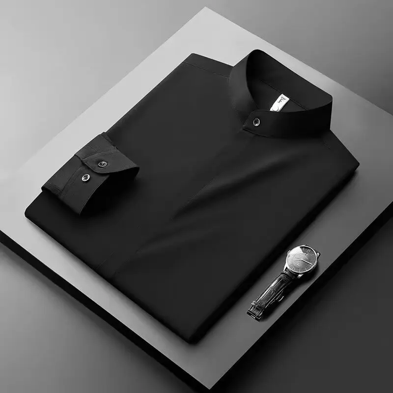 

Men's Silk-Touch Non-Iron Shirt - Stand Collar Slim Fit for Business Casual (Solid Color Long Sleeve Design)