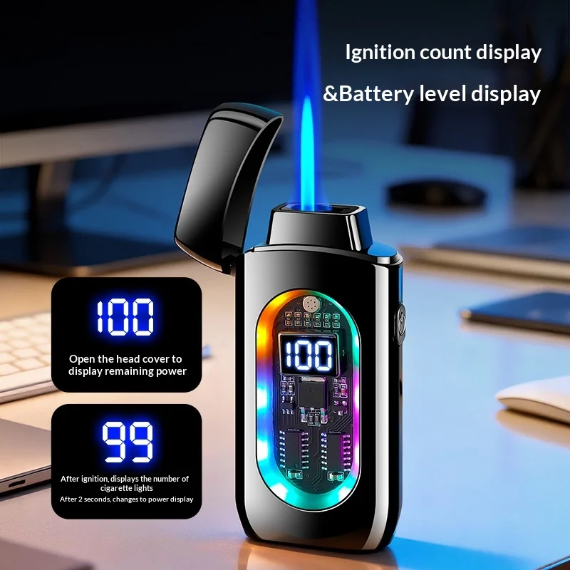 Cool Color Light Voice Controlled Ignition Dual Flame Butane Gas Lighter Visual Gas Window Outdoor Portable Electric Lighters