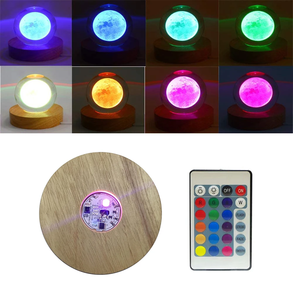 8/10cm Wooden LED Light Base Crystal Glass Acrylic Art Ornament Dispaly Stand Round Rechargeable LED Night Light Home Decor