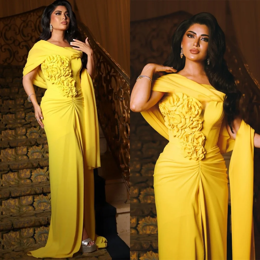 

Customized Mermaid Simple Yellow Jersey Evening Dress Exquisite Off the Shoulder Flowers Celebrity Gowns Fashion Party Gowns