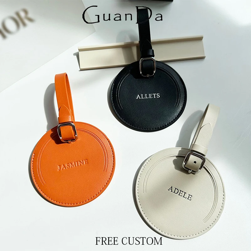 

Engraving Travel Genuine Leather Square Luggage Tag Custom Name Luxury Round Suitcase Label Woman Handbag Charm Pendant Gift
