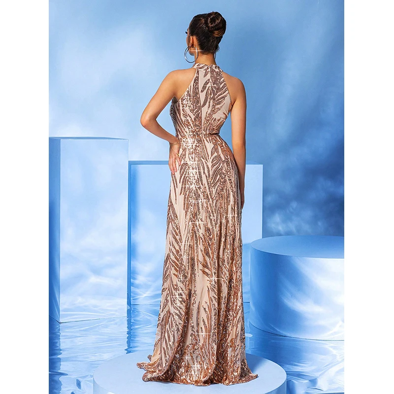 Summer Vestidos Women Sexy Halter Gold Sequined High Waist Elegant Cocktail Prom Evening Long Maxi Dresses Female Clothing