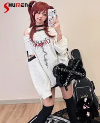 Dark Skeleton Embroidered Rivets White Tops Women Loose off-Shoulder Knitted Pullover Hottie Streetwear Fashion Autumn Sweater