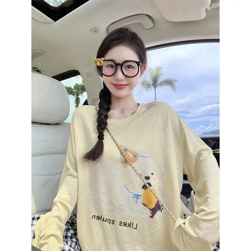 Korean Style Fun Puppy Print Round Neck Physical Sunscreen Coverall Women Summer New Loose Long Sleeve Casual Style Top
