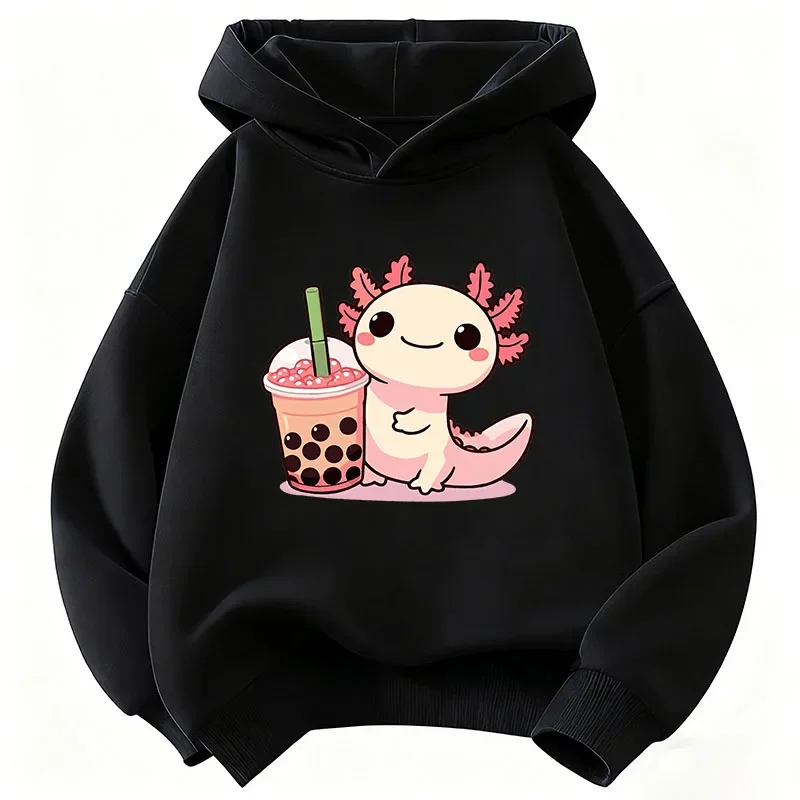 Cute Axolotl Drinking Bubble Tea Cartoon Print, Children Hoodie Kids Pullover Long Sleeve Kawaii Amphibian Casual Sweatshirt Top