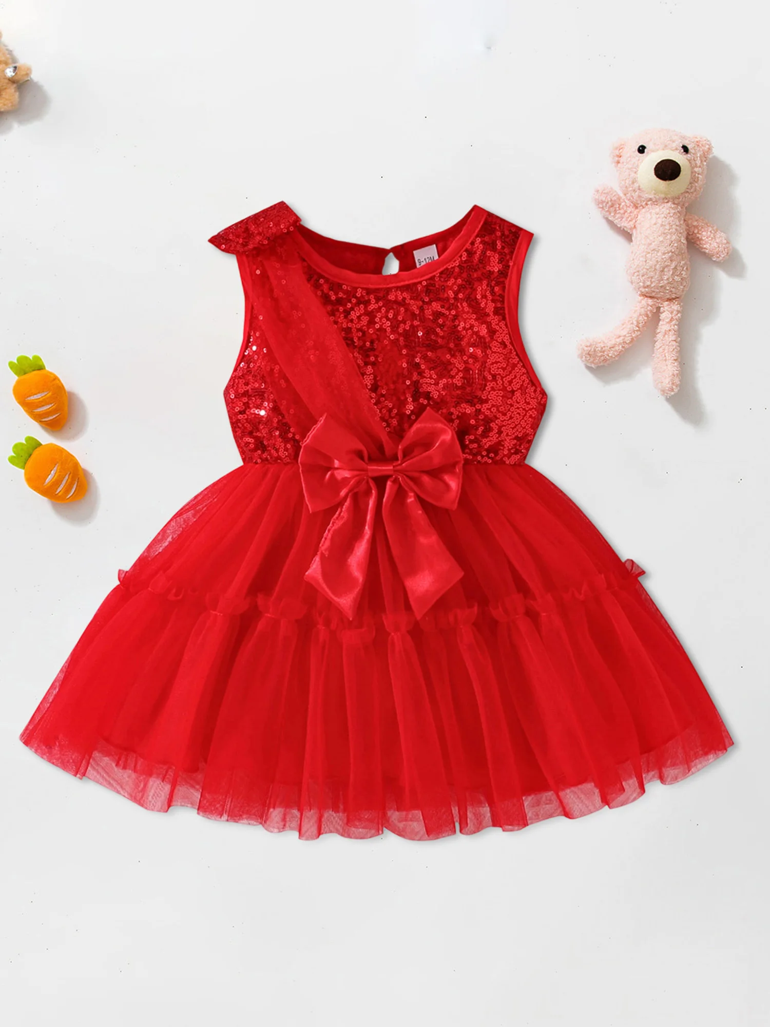 

Платье принцессы без рукавов для девочек с круглым вырезом и бантом, декором из пайеток и блестящей тюлевой юбкой для необычных случаев