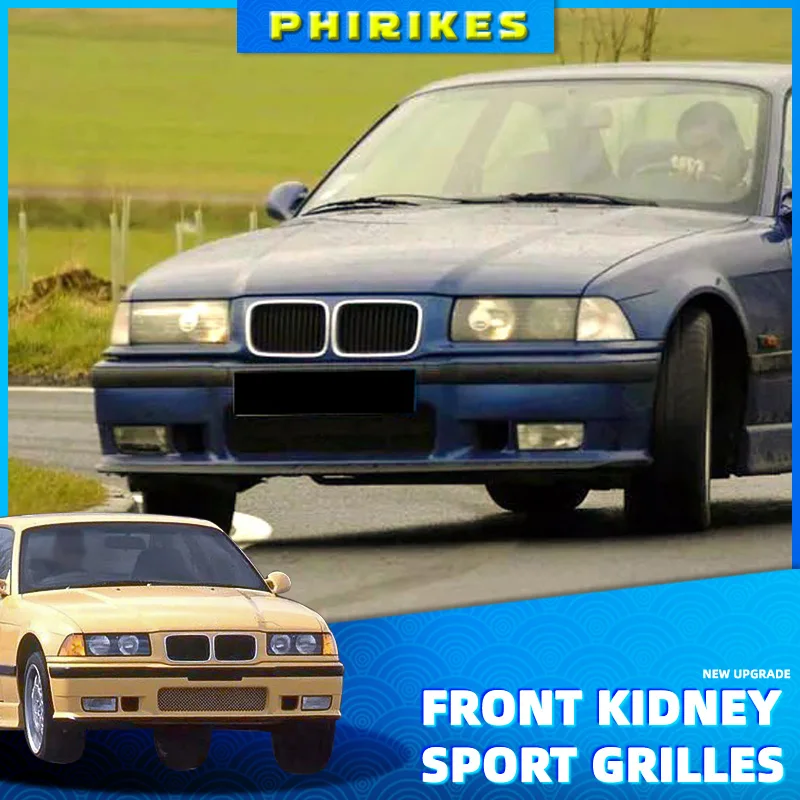 

2x Double Line Style Car Front Racing Kindey Grilles For BMW E36 1992-1996 Glossy Black Dual Slats Upper Grilles