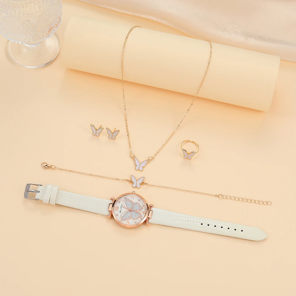 1 قطعة من نمط الفراشة الوردية المتلألئة بمزاج عصري للنساء مقترن 5 قطع من المجوهرات ساعة كوارتز للنساء