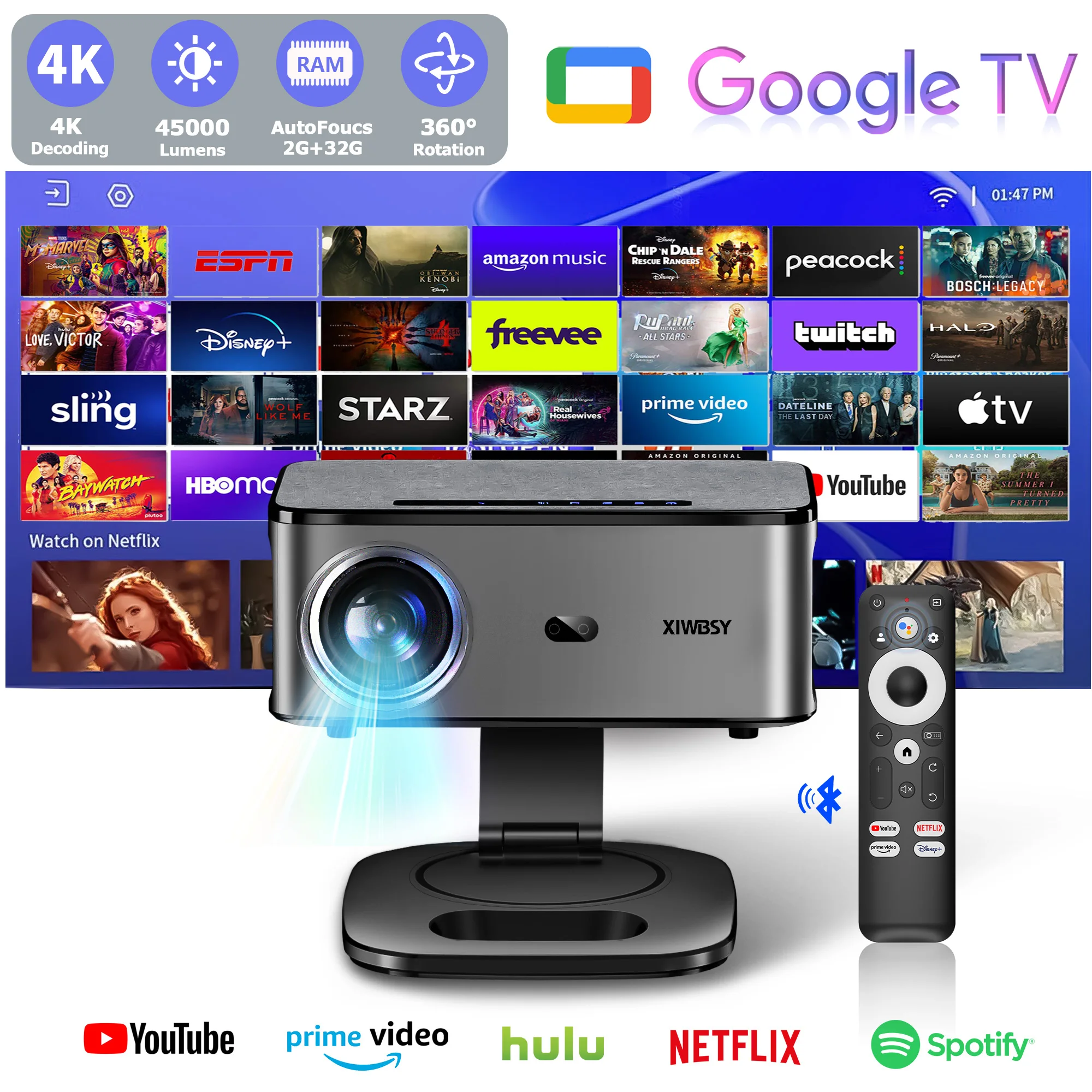 Проектор XIWBSY 46000 люмен с Google TV, портативный проектор 4K на Android 11.0, проектор для просмотра в дневное время, проектор для домашнего кинотеатра с поддержкой видео 8K