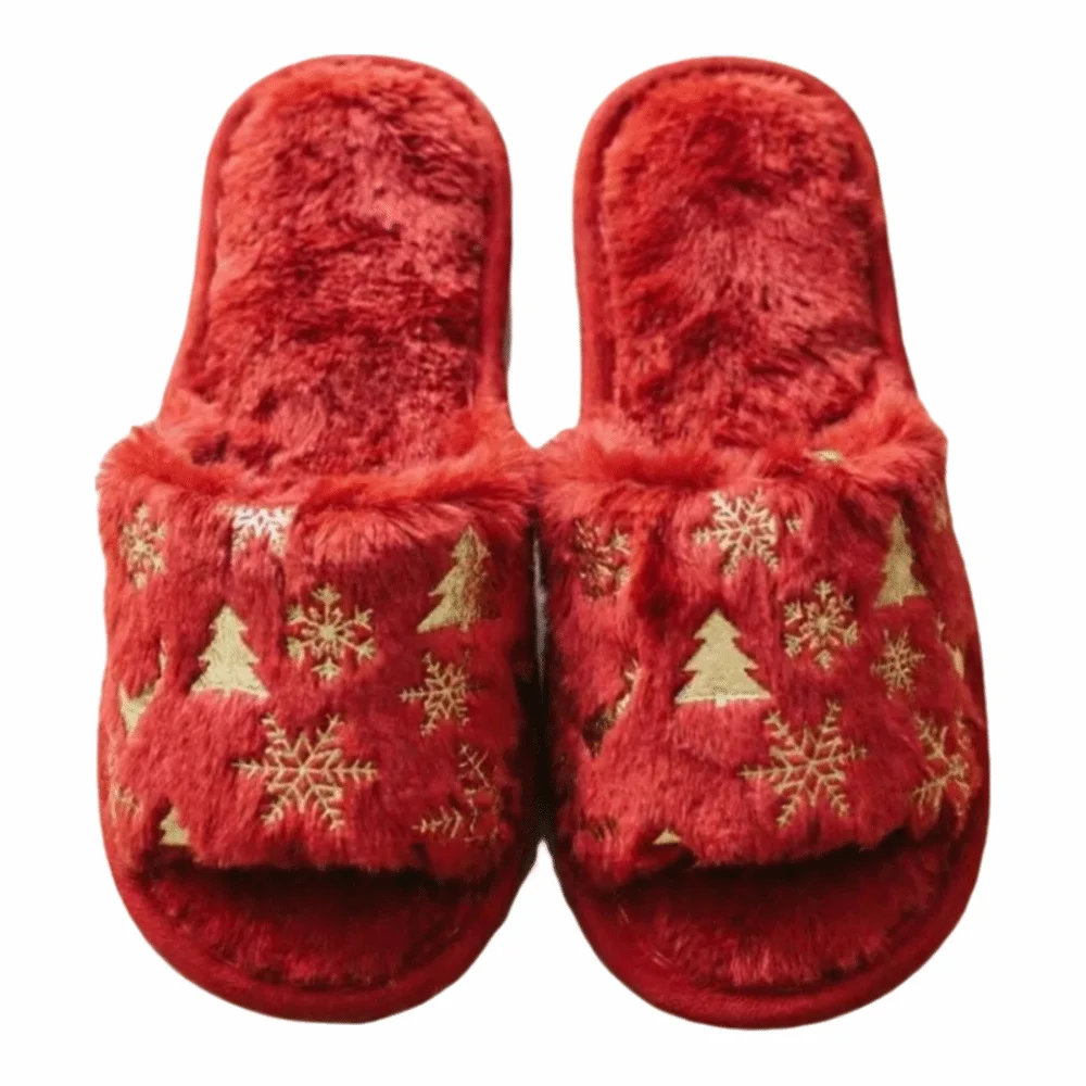 Open-Toe Christmas Tree Slippers Embroidered Non Slip Xmas Tree Furry Slippers Snowflake Plus Velvet Winter Warm Slippers